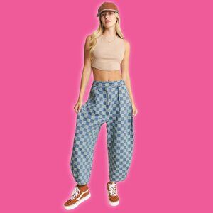 Mid-Rise Barrel Pull-On Checkerboard Denim Pant